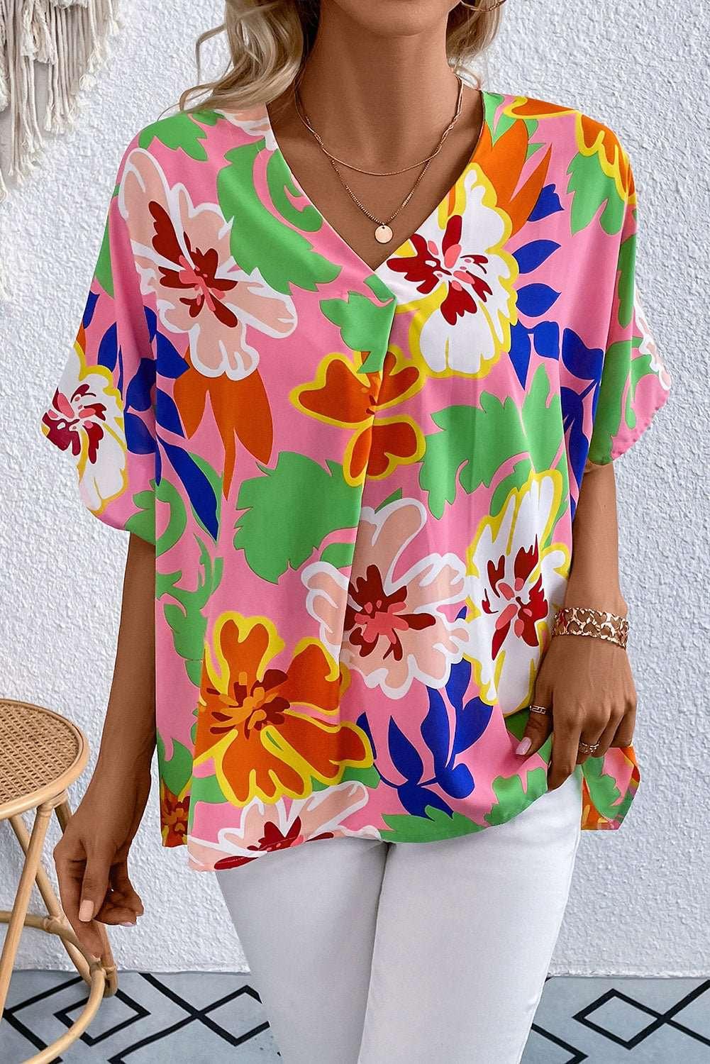 Floral Print V - Neck Short Raglan Sleeve Blouse - VILLA FASHION